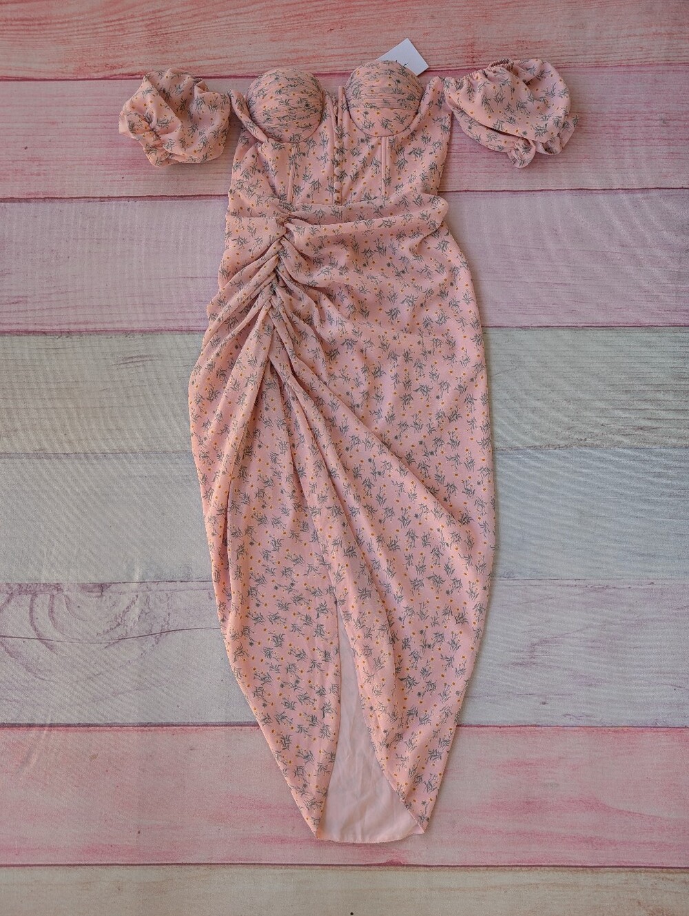 NWT Adeirlina Pink Floral Bustier Off Shoulder Ruched Midi Dress Small
